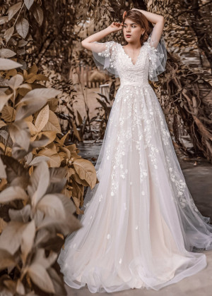 Flutter Sleeve Ivory Lace Tulle V Back Wedding Dress